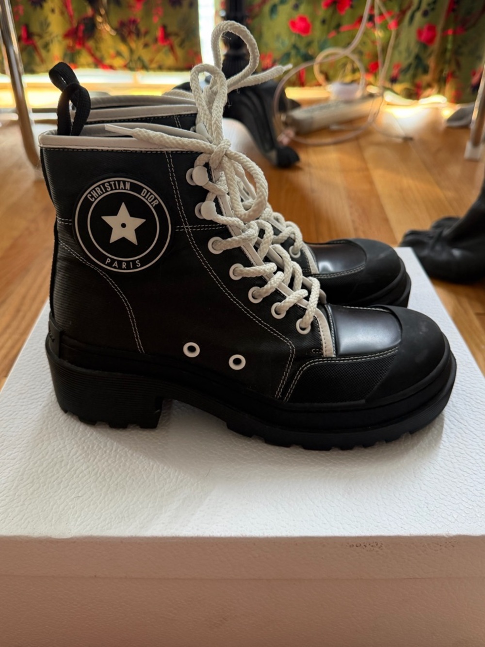 Christian Dior D-Rise Black Lace-Up Combat Boots with White Laces